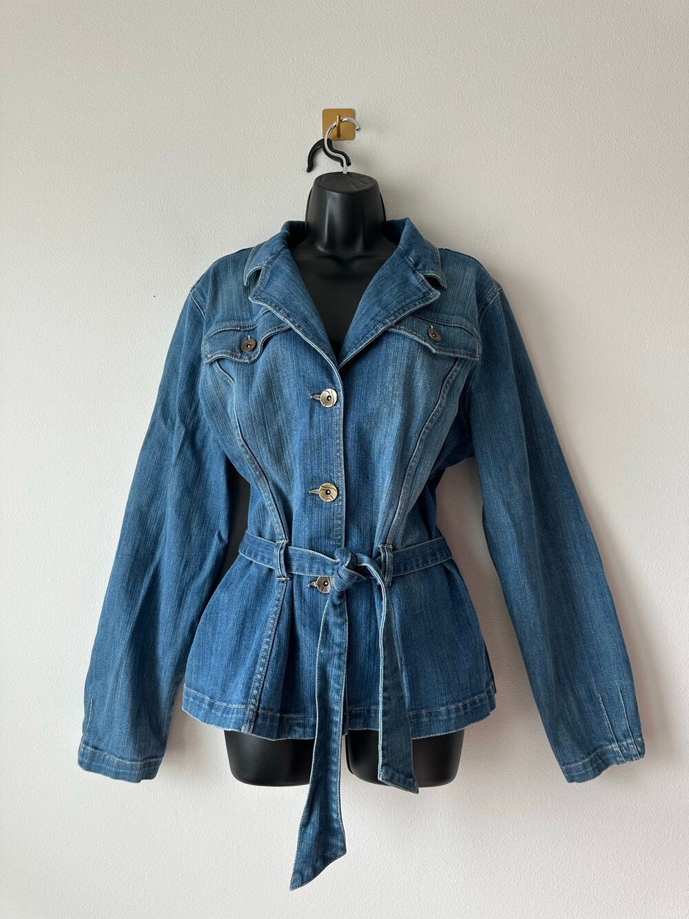 Y2K Belted Denim Jacket Fitted Jean Blazer Utility Western Style XL